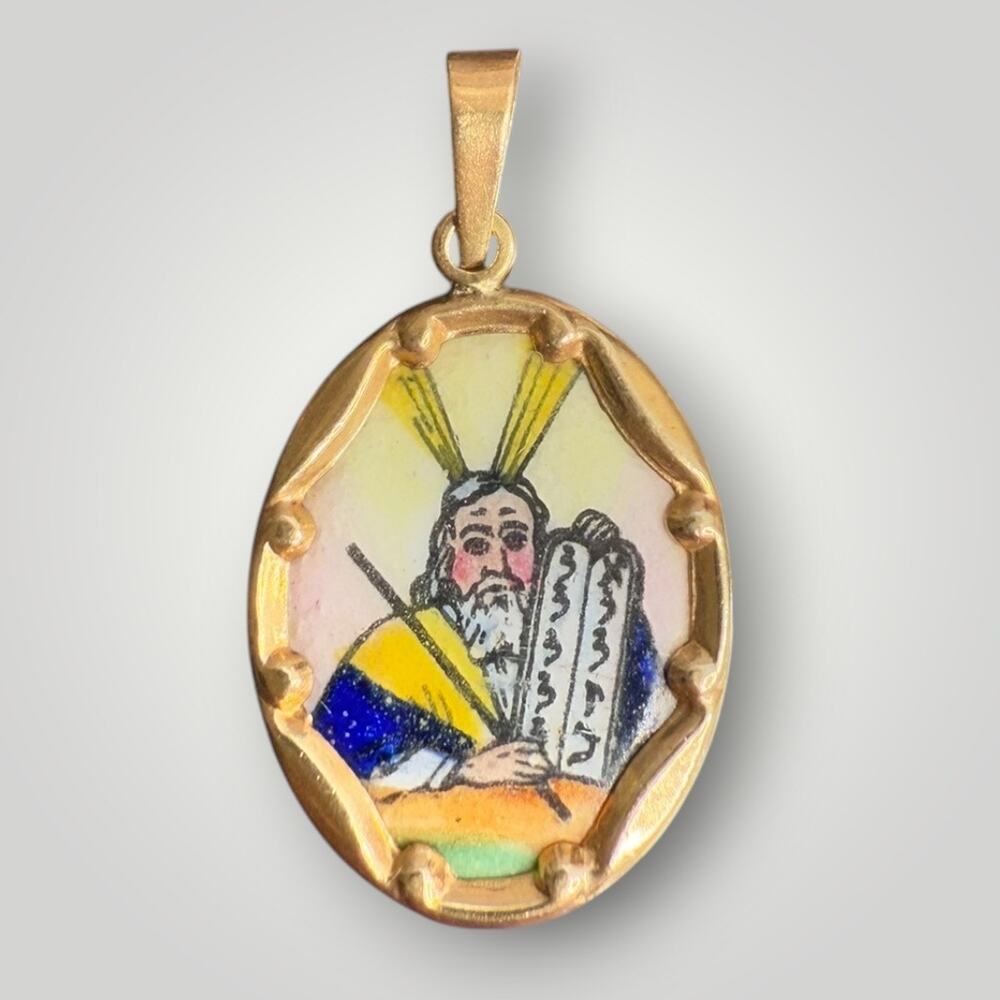 Solid Gold 14K Religious Pendant Moses Ten Commandments Mini Enamel Medal 1.4g - Picture 2 of 7